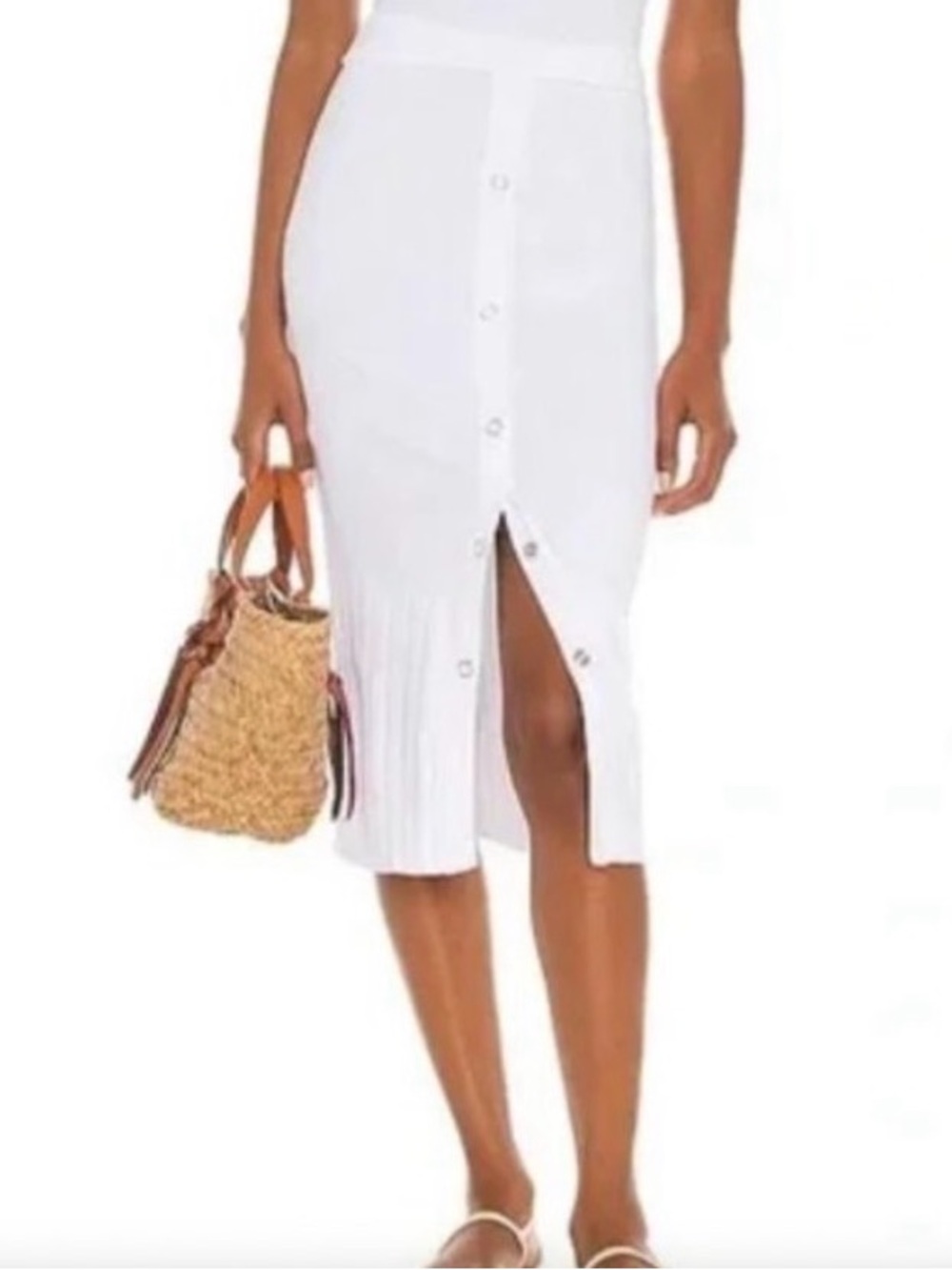 Enza Costa Rib Knit Snap Button Down Midi Skirt White